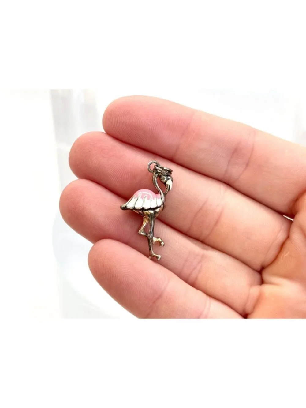 Flamingo Figural Enameled Tiny Sterling Silver Vintage 925 Pendant | Charm